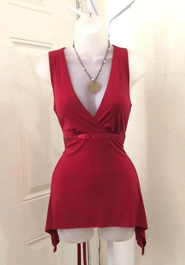 Y2K Romantic Whimsygoth Gothic Red asymmetrical handkerchief hem Fairy V-neck top shirt blouse tie back sleeveless - Image 2