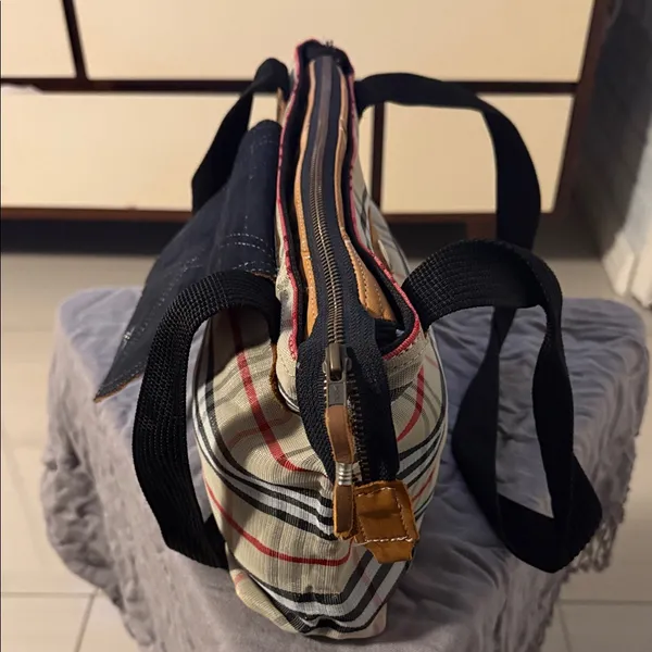 Plaid Canvas Tote Bag with Tan Leather Trim - Image 5
