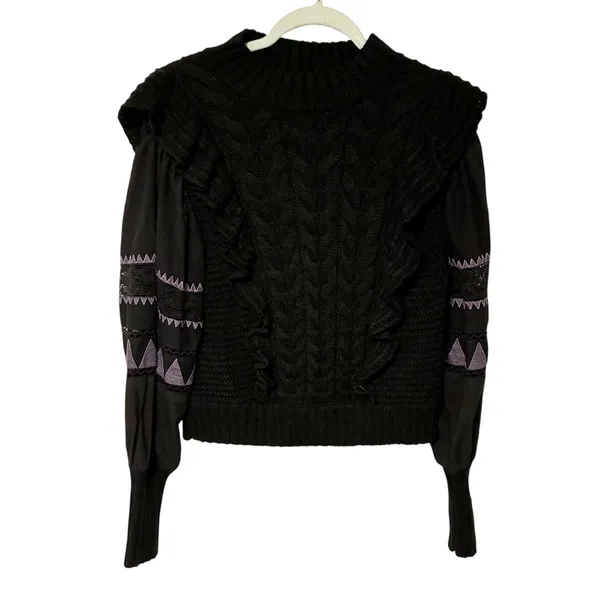 By Anthropologie Black Ruffle Cable-Knit Sweater Balloon‎ Sleeve Size Small - Image 2