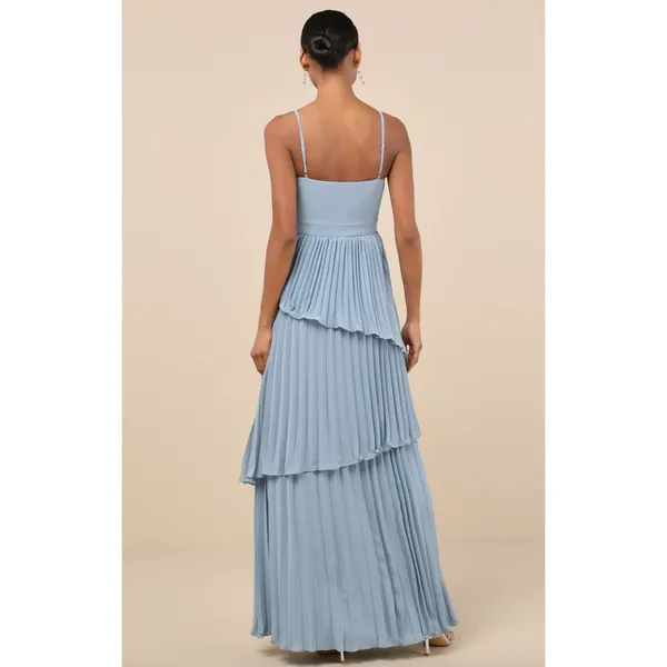 Lulus Jehona Dusty Blue Pleated Tiered Maxi Dress Long Formal A Line Small NWT - Image 3