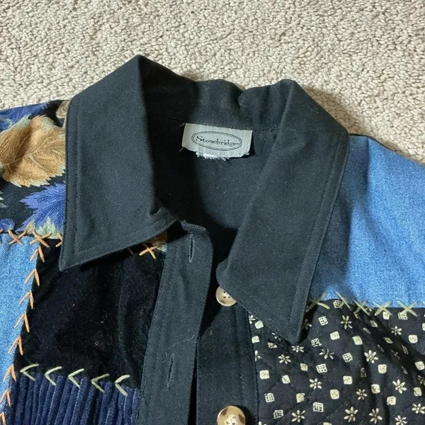 VTG Stonebridge Patchwork Embroidered Leaf Button Front Vest Black‎ Blue 16N33 Size L - Image 4