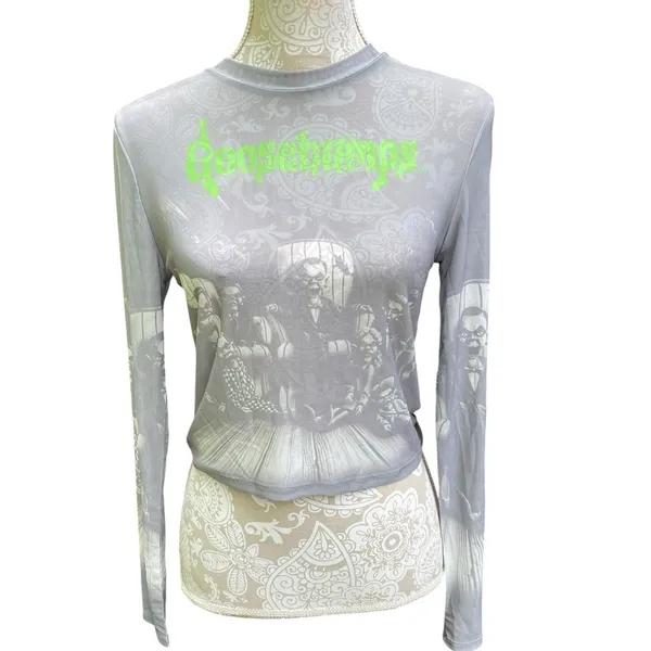 Y2K Horrorcore Goosebumps Slappy Mesh Crop Top Long Sleeve Goth Grunge Size M - Image 3