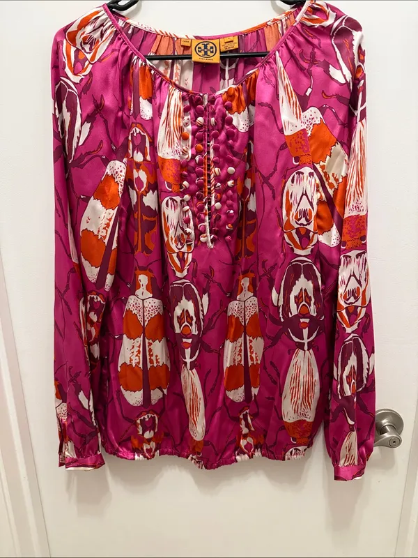 Tory Burch Silk Fuchsia Pink Beetle Print Pom-Pom Blouse - Image 2
