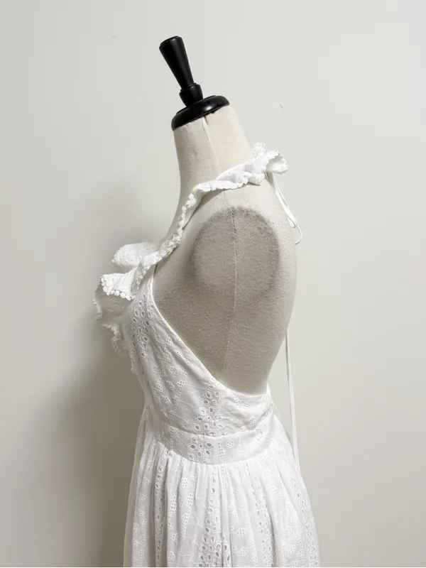 Lulus White Eyelet Halter Ruffle V Neck Ruffle Sicilian Sun Midi Dress New Large - Image 5