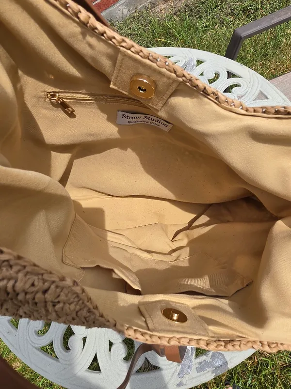 Anthropologie Beige raffia Woven & Brown Leather Tote - Image 9