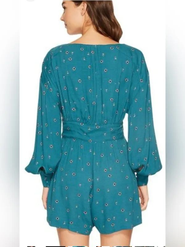 Free People Love Grows Teal Long-Sleeve Romper Size Large - Image 2
