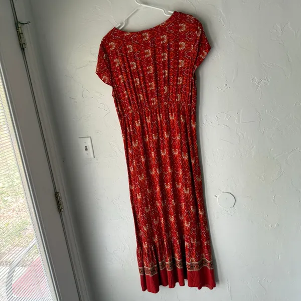 Floral Blooming Red‎ Boho Maxi Dress XXL Empire Waist Button V-Neck Cottagecore - Image 5
