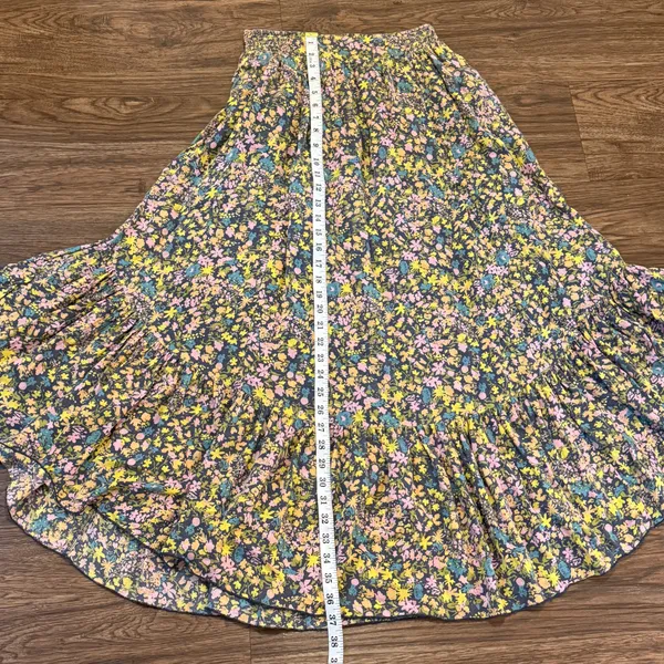 Free People Floral MIDI Skirt Smock Waist Yellow Gray Green Blue Small - Image 4