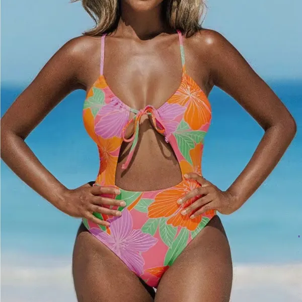 Cupshe NWT Tropical Floral Impressions Cutout One Piece Swimsuit Hot Neon Pink Size S - Image 4