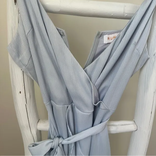 Rumor Light Blue Belted Flared Ruffle Bottom Mini Dress SZ Small - Image 6