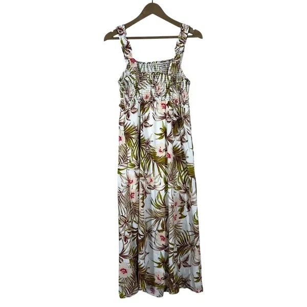 Love Tree Tropical Floral Maxi Dress White Palm Leaf Smocked Boho Size L - Image 5