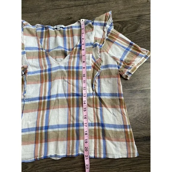 EUC Womens Madewell V‎ Neck Shoulder Ruffle Top In Plaid Short Sleeve Size L - Image 8
