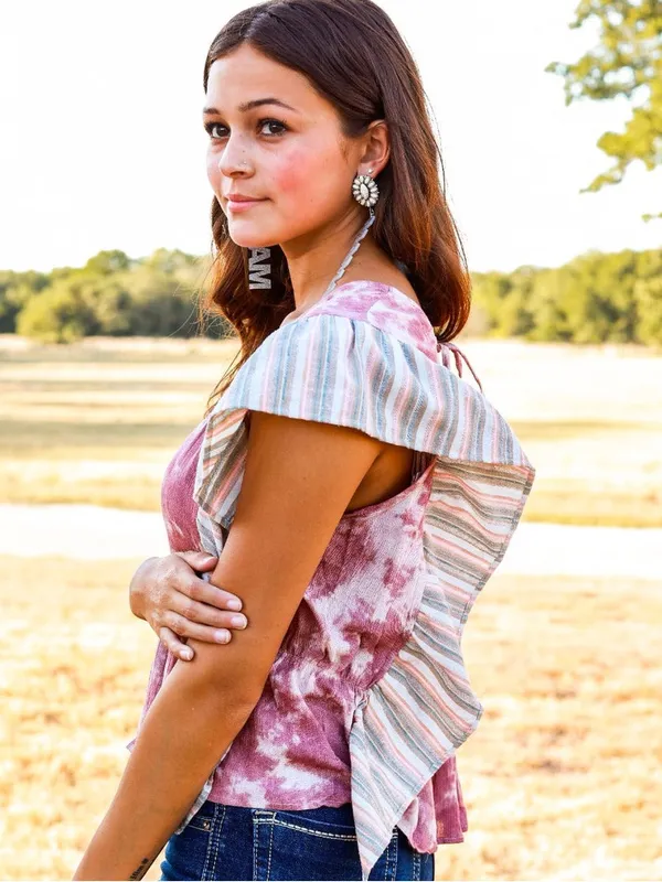 XL Boutique Pink/Purple white Tie-dye Cotton Blouse Striped Ruffle Peplum Crop - Image 3