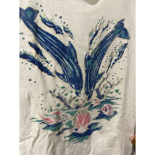 Vintage 90's Hanes Dolphin Seashell Graphic Tee T-Shirt Size Small Tropical W - Image 5