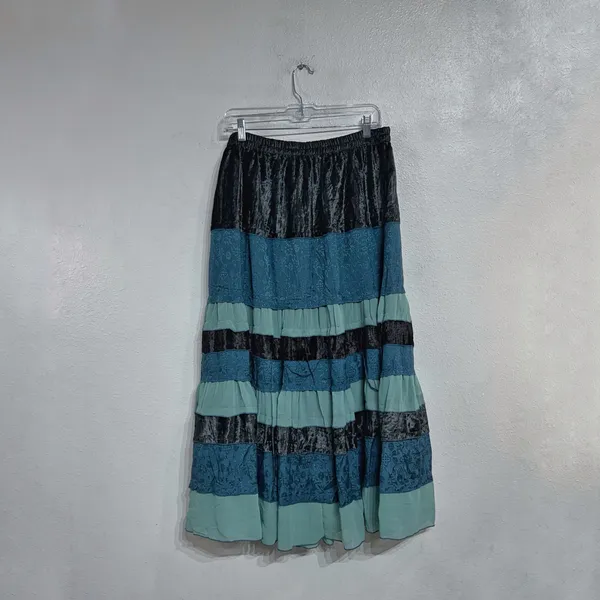 Agapo Teal Tiered Velvet Jacquard Boho Midi Skirt Sz L - Image 8
