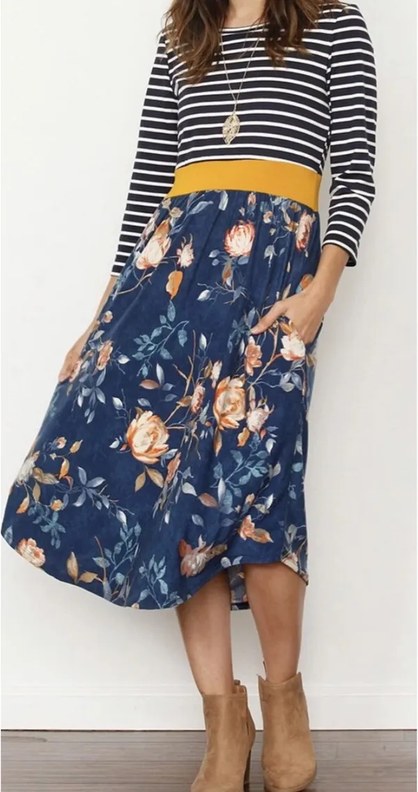 Egs by Eloges Floral Midi Dress, XL, Blue/Mustard, NEW - Image 2
