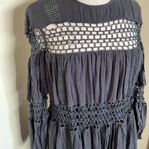 ASOS EDITION Charcoal Gray Crochet Trim Drop Waist Maxi Dress 4 Cotton Boho - Image 6