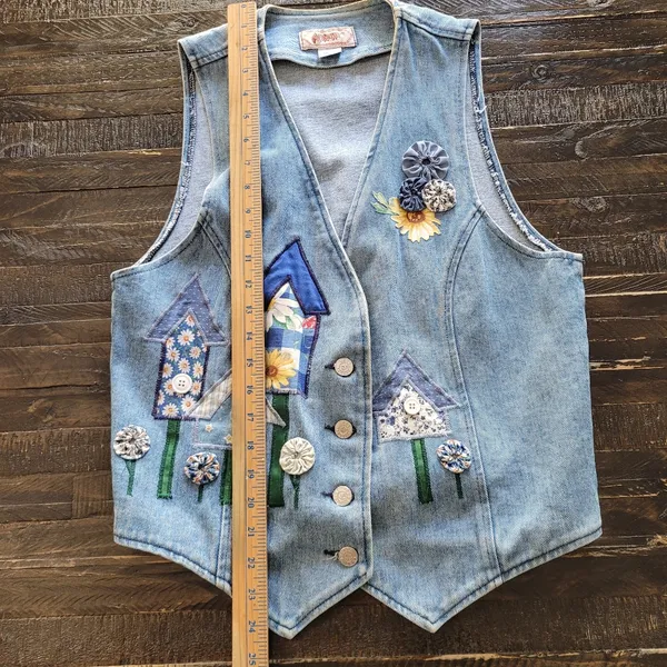 Vtg Apache Denim Vest - Women's Medium USA - BirdHouse/Flowers - Image 4