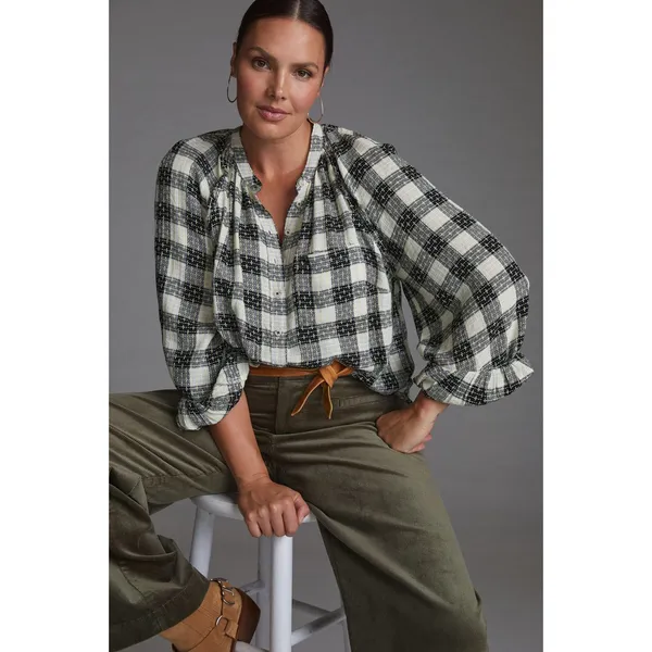 Anthropologie Pilcro Breezy Plaid Buttondown Top XS Check Textured Grunge Emo - Image 8