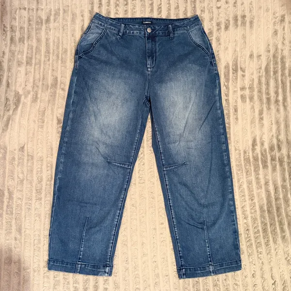 Flamingals Blue Barrel Jeans High Rise Medium Wash Curved Leg Denim Size L - Image 2