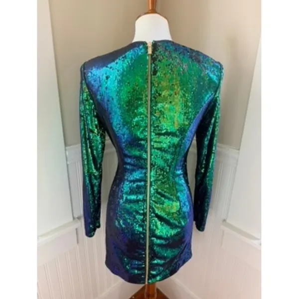 House of CB Cristobal Iridescent Sequin Mini Dress Green Blue Medium - Image 3