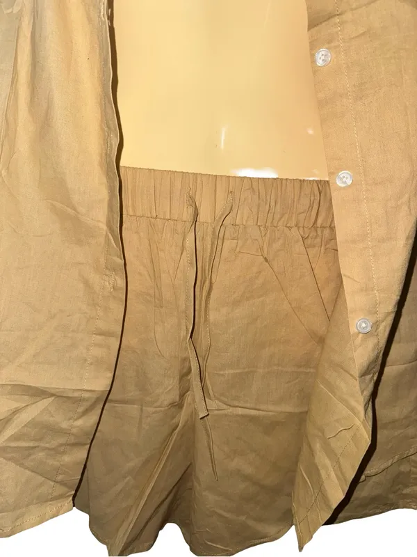 Tan Short Sleeve Button-Up Top and Shorts Set - Image 5