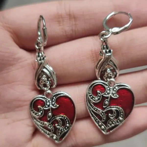 1 Pair Gothic Bat Heart Love Shape Pendant Round Buckle‎ Silver Plated Earrings - Image 11