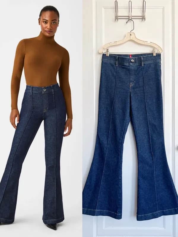 SPANX • Pintuck Flare Jeans pull on high rise bell bottom Raw Indigo dark wash - Image 2