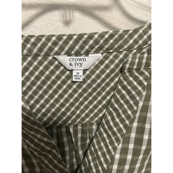 Crown & Ivy Size Medium Checkered Gingham Peasant Blouse Green & White Cotton - Image 5