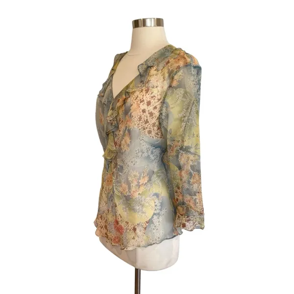 Y2K Silk Floral Ruffle Blouse Fairycore Sheer Top - Image 5