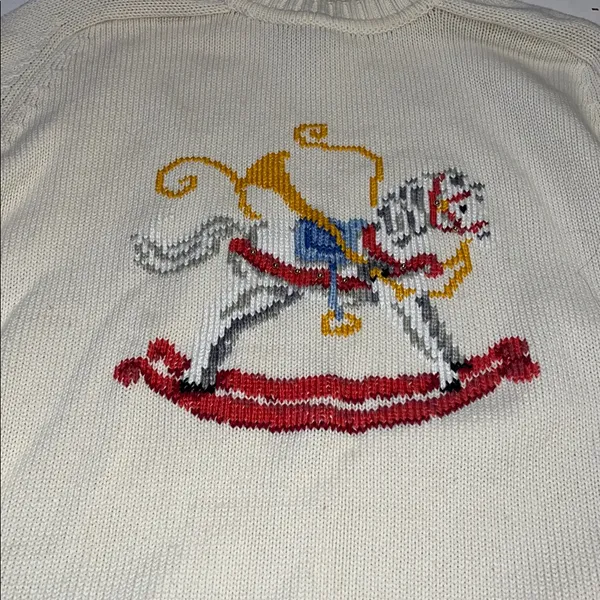 Lands’ End 100% cotton knit sweater with rocking horse. Size L novelty print - Image 2