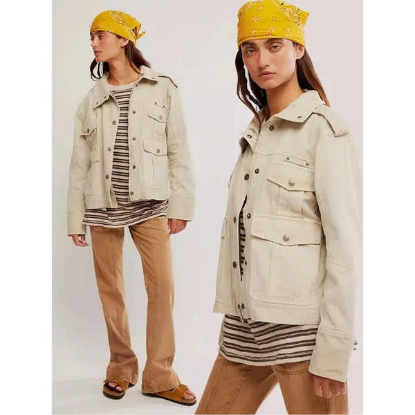 Free People Bohemian Kali Washed Utility Military Canvas Jacket Neutral Medium - Image 3