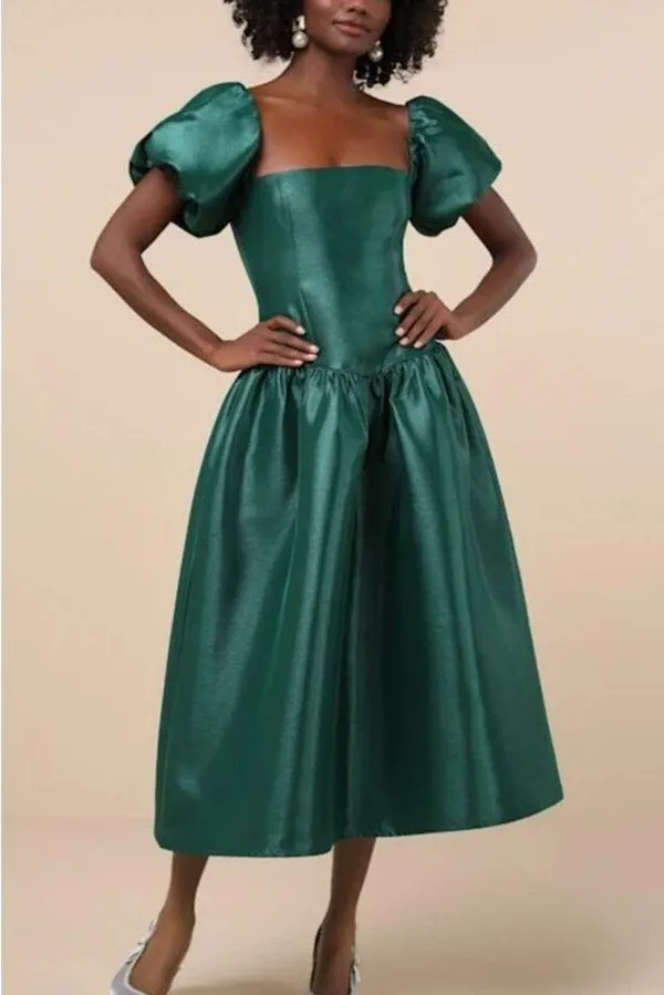 Lulu’s - Exclusive Charm Taffeta Puff Sleeve Midi Dress in Emerald Green - Image 5
