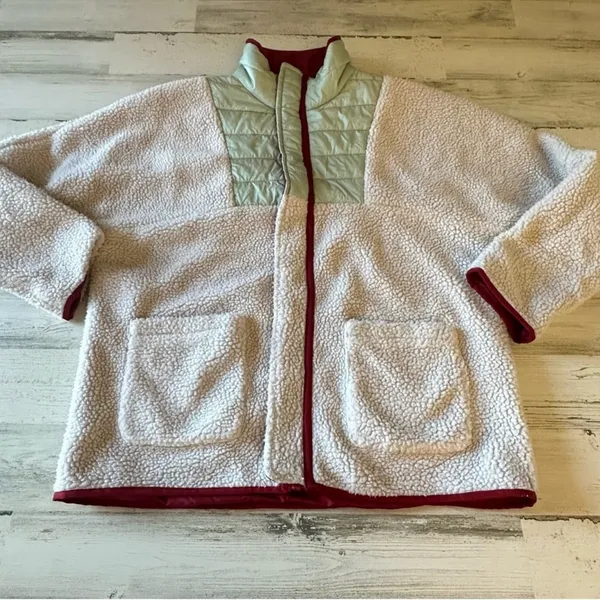 Urban Outfitters UO Mixed Media Sherpa Fleece Windbreaker Jacket Cream‎ Green Lg - Image 2