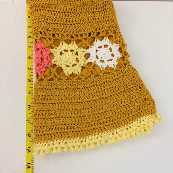 Mora‎ Mustard Yellow Crochet Floral Medallion Fringe Mini Skirt One Size Boho - Image 5