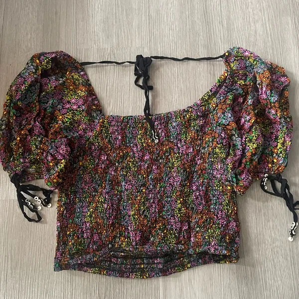 Free People Floral Smocked Crop Top XS Puff Sleeve Tie Back Blouse - Image 7