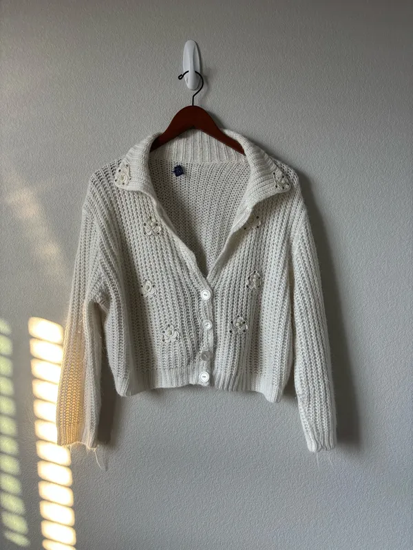 Vintage White Knitted Cardigan Sweater - Image 2