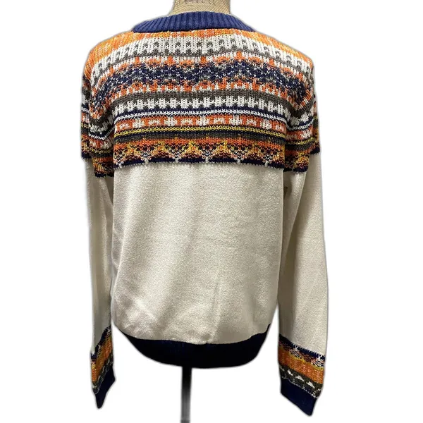 Aventura Schaffer Fair Isle Sweater Organic Cotton‎ Ivory Navy Orange Size Large - Image 2