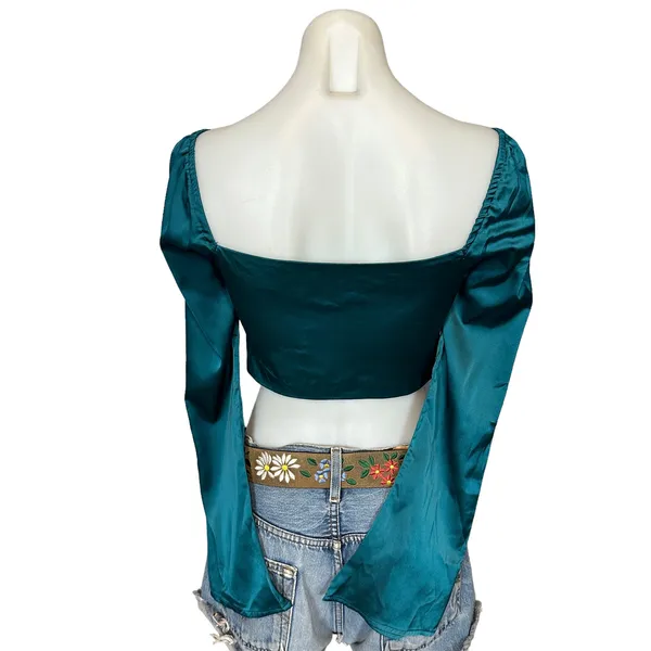 Revolve Teal Satin Crop Top SMALL Going Out Club Pirate Cut Out More to Come NEW - Image 6