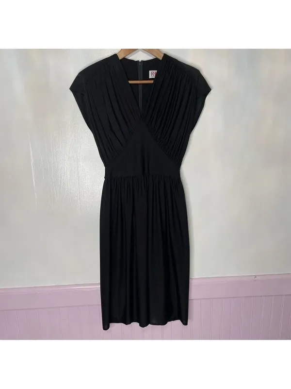 Vintage 70s Midi Dress Ruched Bodice Black Womens M - Image 4