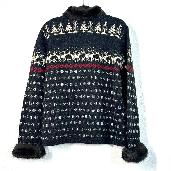 Skyr Wool Nordic Fair Isle Ski Cardigan Sweater Fur Trim M Apres Ski Cabincore - Image 3