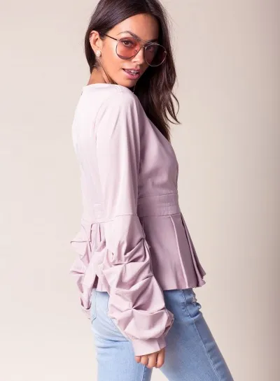 BANJUL V Neck Ruffle Sleeve Peplum Blouse - Image 2