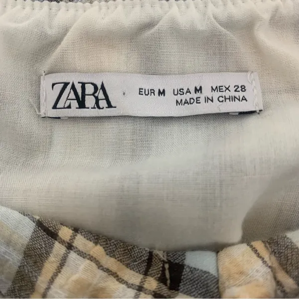 Zara Women's M Blue Cream‎ Plaid Ruched Chic Cottagecore 3/4 Sleeve Blouse - Image 8