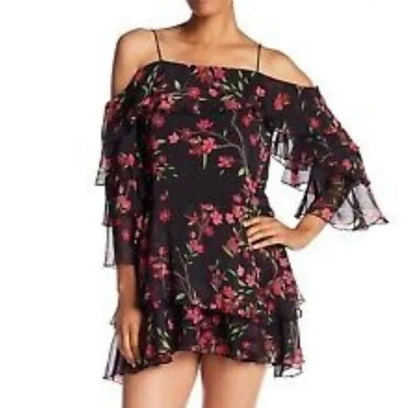 Alice + Olivia Black Floral Silk‎ Chiffon Lexis Sakura Mini Dress Off Shoulder 6 - Image 3