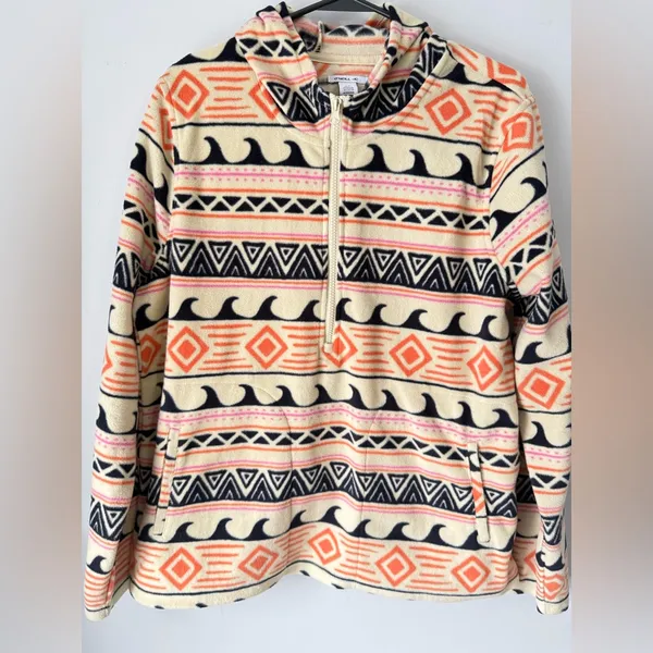 O’Neill Half Zip Fleece Pullover Hoodie Waves Pattern Multi Color Hippie Boho L - Image 2