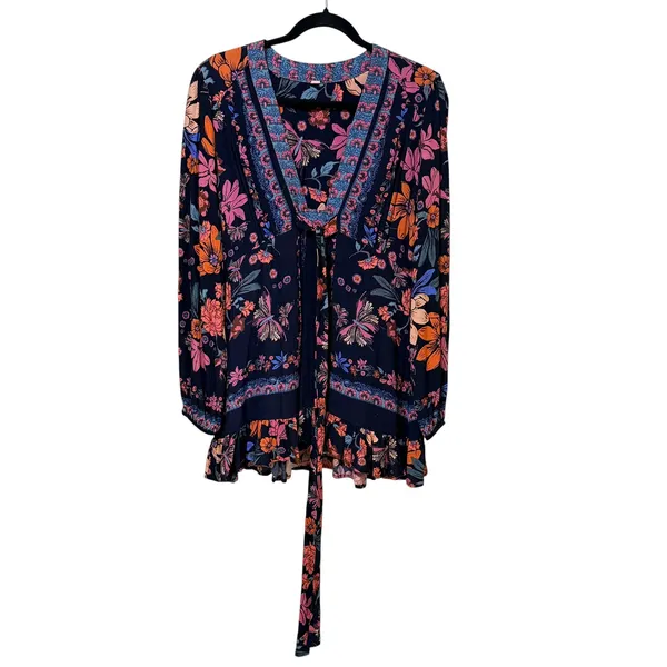 Free People Floral V-Neck Ruffle Mini Dress Tunic Navy Blue Pink Orange OB583849 - Image 2