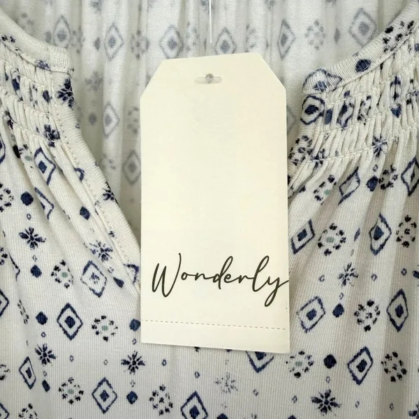Wonderly Tiered Babydoll Dress Womens L Cream Navy Boho Smocked Peasant Cottage - Image 5