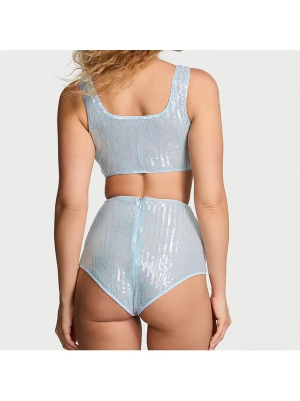 Victorias Secret Iridescent Sequin 2 Piece Set Lingerie Crop Top Panty Blue NEW - Image 3