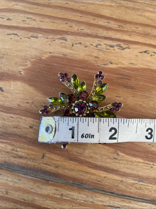 Beautiful Vintage Green Purple Amber Rhinestone Flower Pinwheel Brooch - Image 4