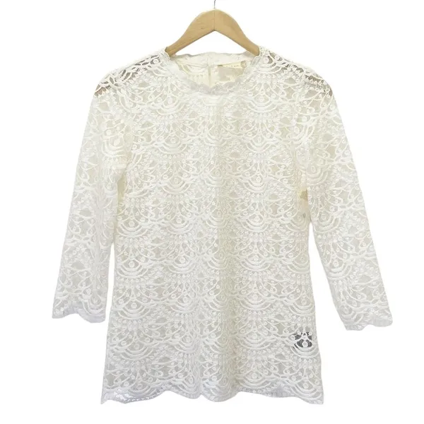 NWT Altar’d State Grace Lace Blouse Small Ivory Sheer Scalloped Romantic Top - Image 2